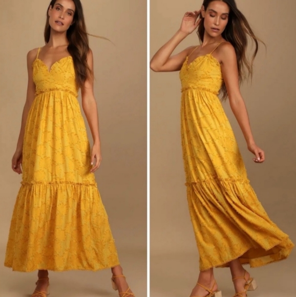 Lulus Charm and Charisma Mustard Yellow Burnout Floral Midi Dress Size L - Picture 1 of 14